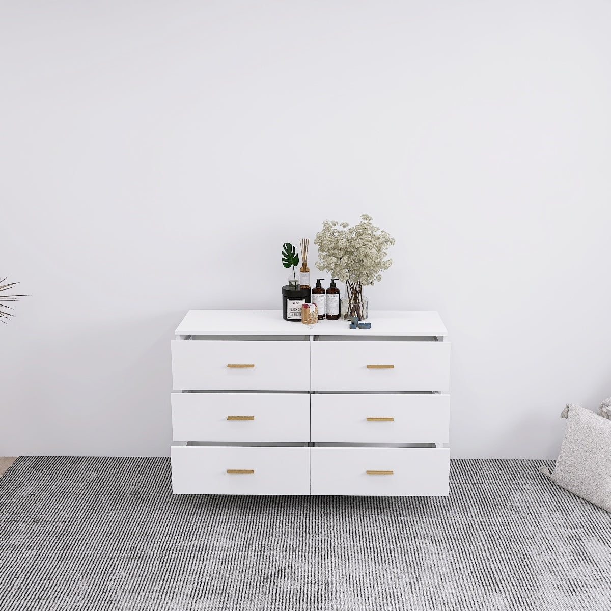 High Glossy Surface 6 Drawers Chest of Drawer with Golden Handle and Golden Steel Legs White Color Vanity - Grand Goldman Shop