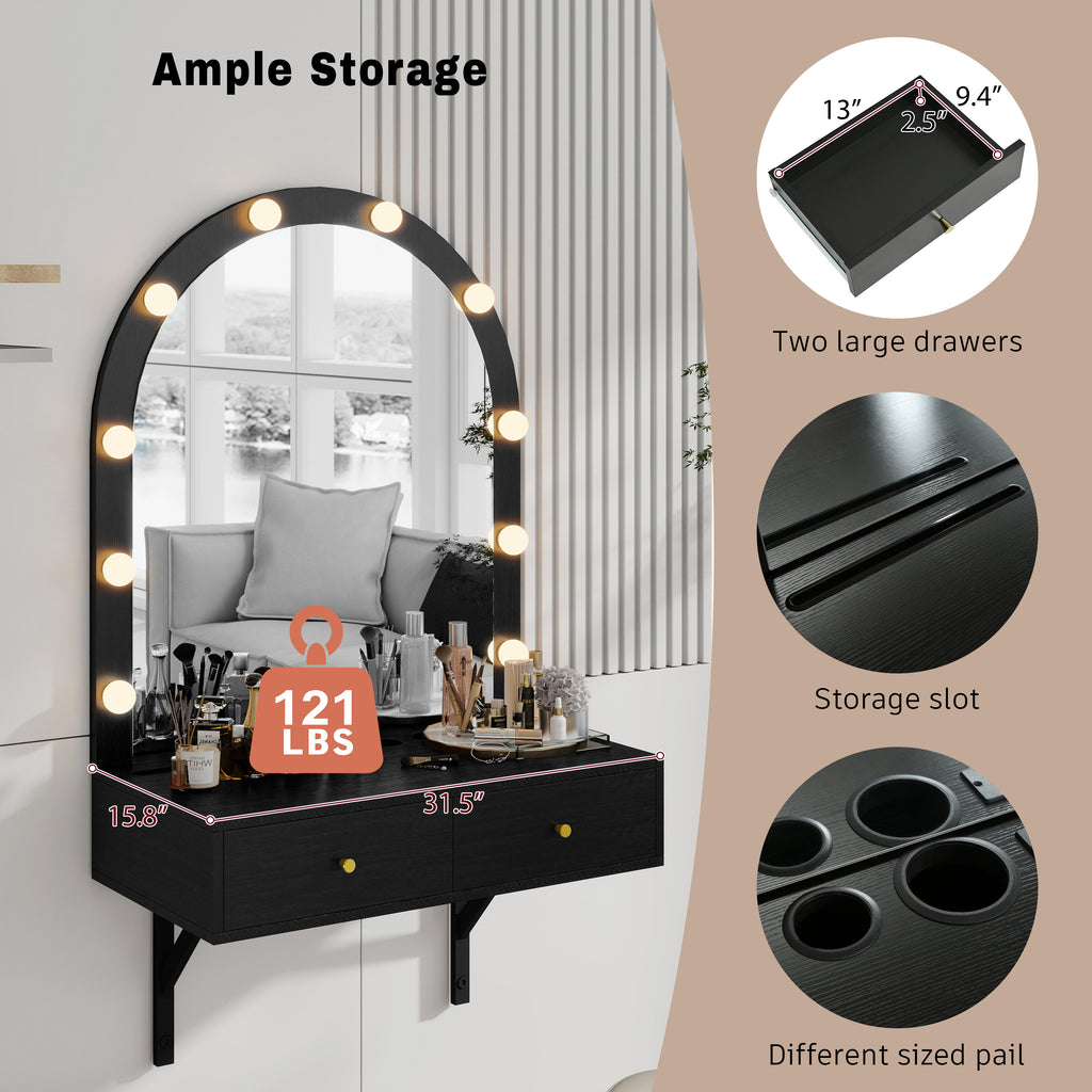 Floating Wall Mounted Makeup Vanity Desk with LED Mirror 3 Color Lights, Compact Dressing Table with Power Outlet & USB Charging, Space Saving Large Storage Vanity for Bedroom Bathroom, Black - Grand Goldman Shop