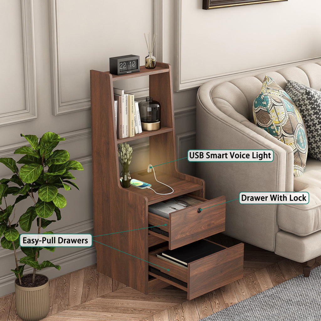 Nightstand with Charging Station, Smart Nightstand with Night Light, Modern Night Stand with Bookshelf, Bedside Tables with Storage Cabinet for Bedroom, Wood - Grand Goldman Shop