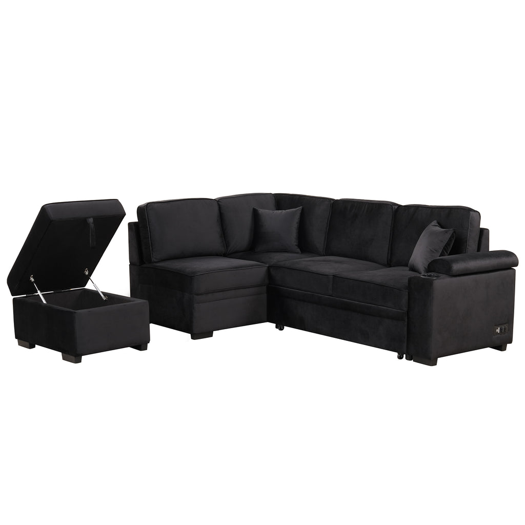 Modern Velvet Sleeper Sofa Bed with Storage Ottoman, Black, 84.75' L Shape - Grand Goldman Shop