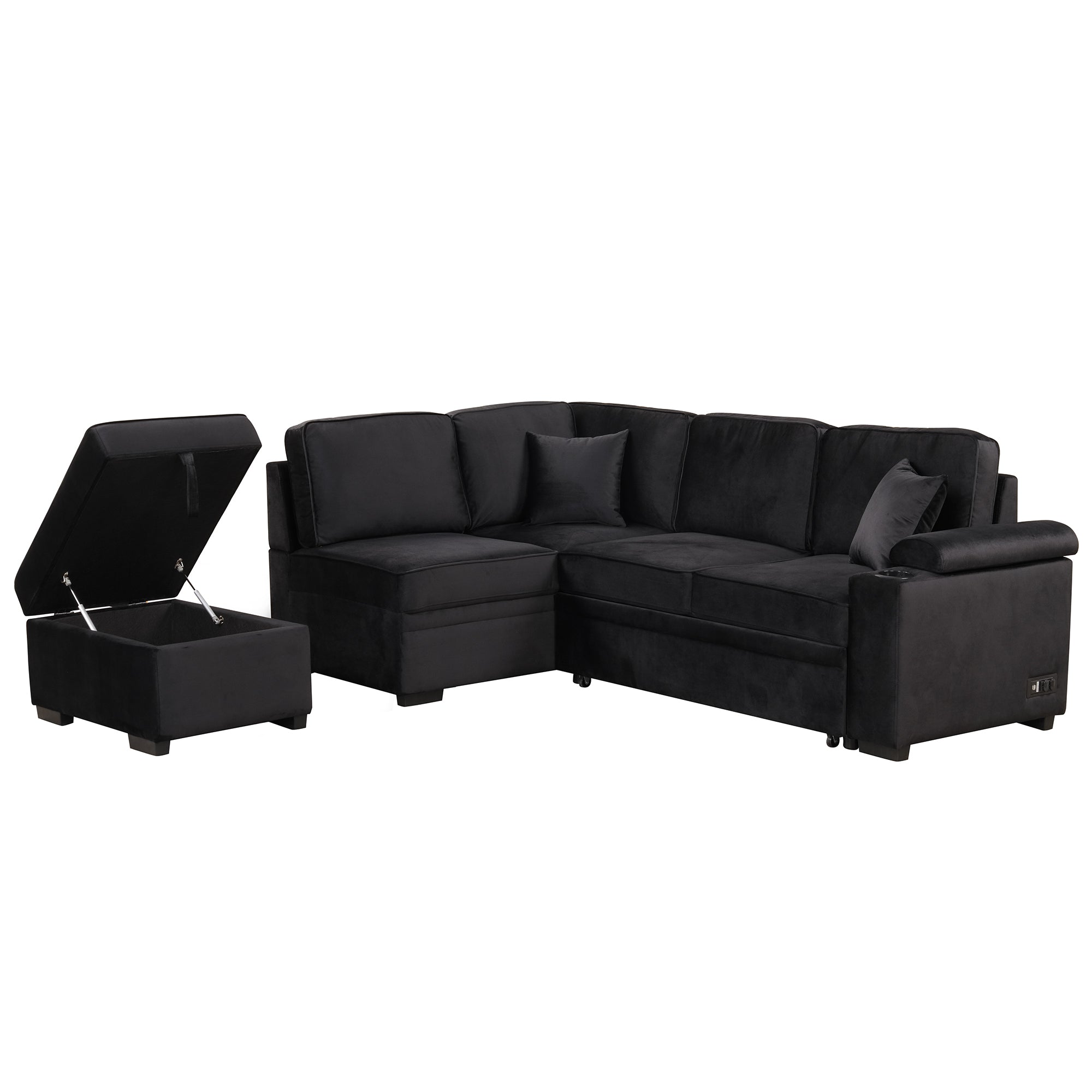 Modern Velvet Sleeper Sofa Bed with Storage Ottoman, Black, 84.75' L Shape - Grand Goldman Shop