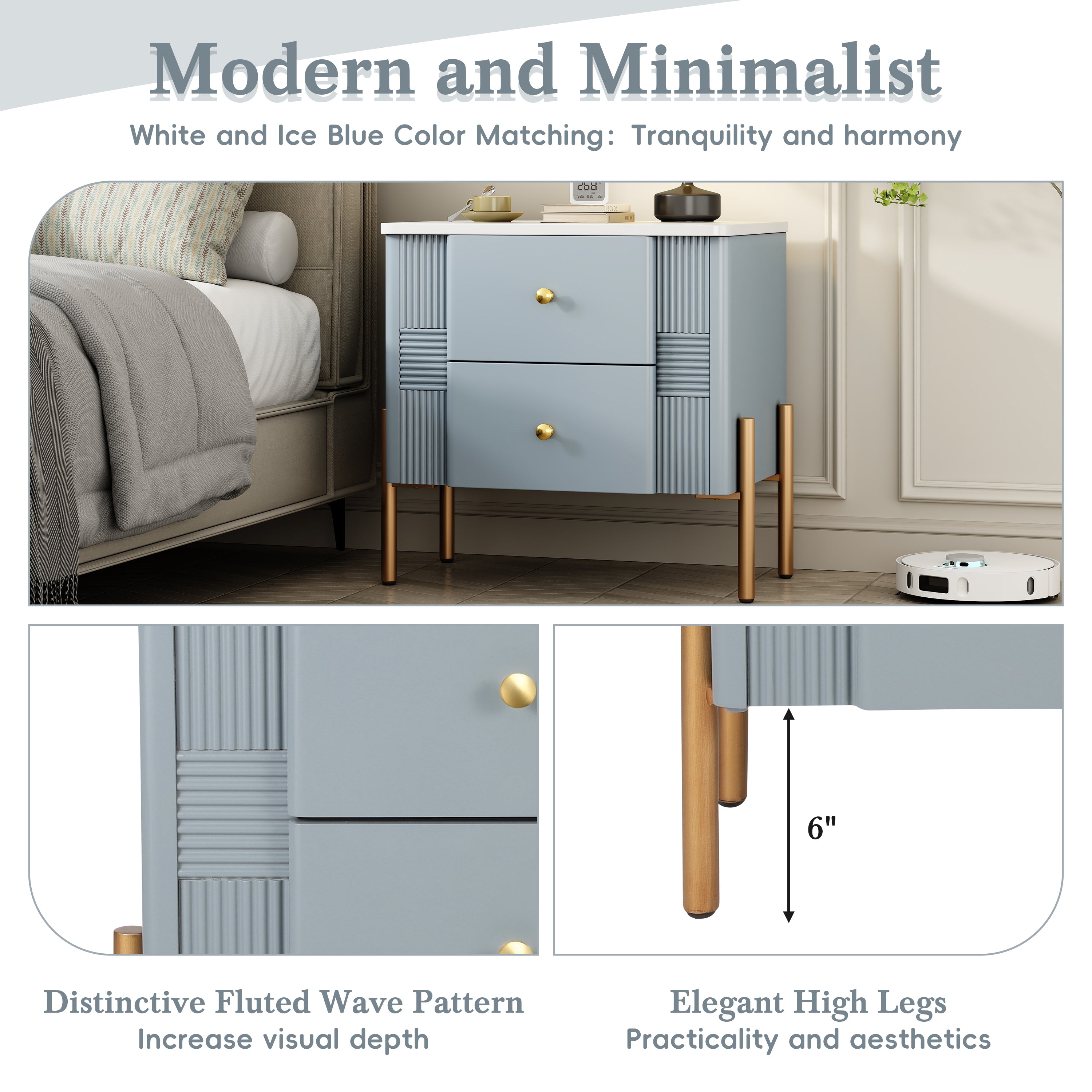 Modern Nightstand with 2 Storage Drawer, Fluted Bedside Table with Golden Metal Handles and Legs, End Table for Living Room and Bedroom, Easy Assembly, Blue - Grand Goldman Shop