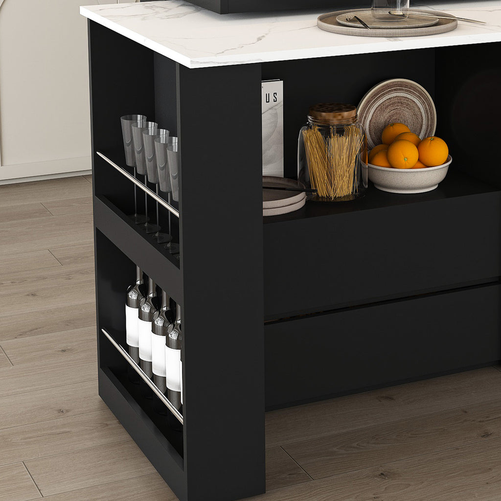 Retro Kitchen Island with Extendable Rotating Table, Black Marble Veneer on MDF, 4 Drawers & Glass Door Cabinets, Built-in Socket, Fits 2-4 People - Grand Goldman Shop
