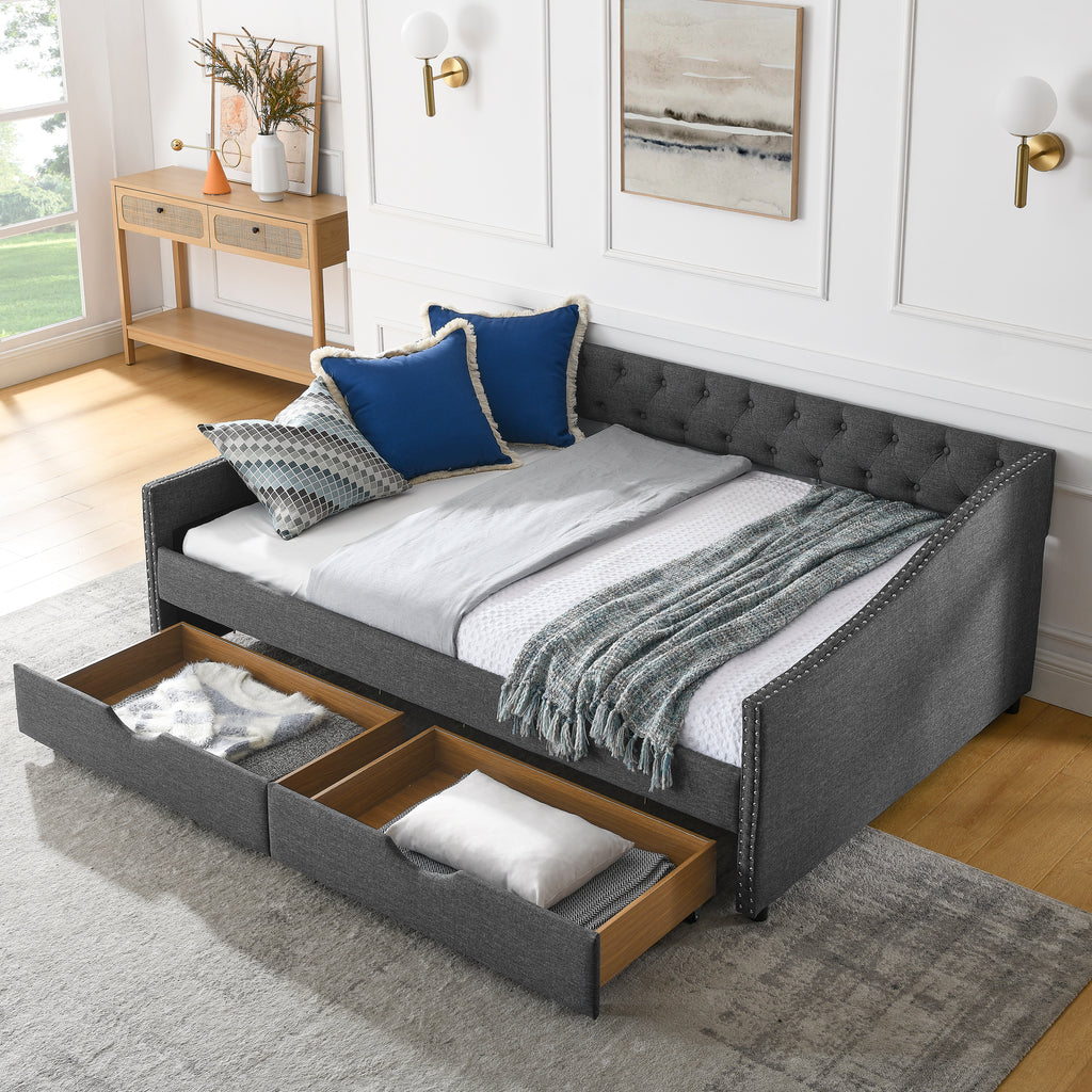 Mid-Century Style Upholstered Daybed with Drawers, Dark Grey Linen Fabric, Button Tufted Back, Copper Nail Trimmed Waved Arms, 80.5''x55.5''x27.5'' - Grand Goldman Shop