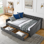 Mid-Century Style Upholstered Daybed with Drawers, Dark Grey Linen Fabric, Button Tufted Back, Copper Nail Trimmed Waved Arms, 80.5''x55.5''x27.5'' - Grand Goldman Shop