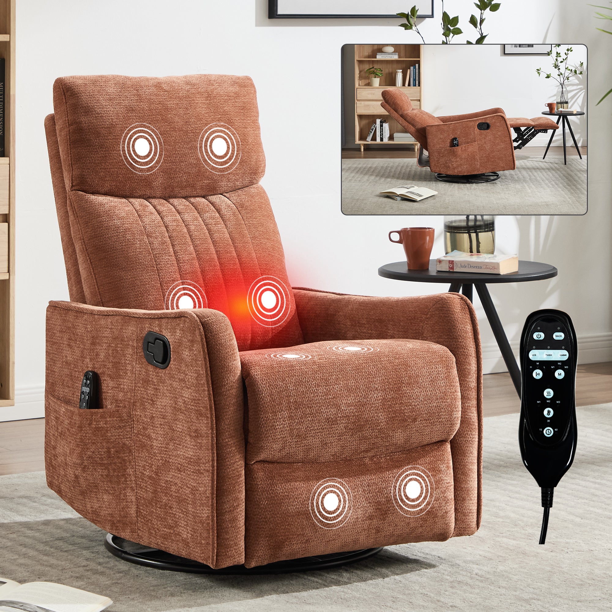 Orange Heat Massage Manual Recliner Chair with Rocker and Swivel in Fabric for Living Room - Grand Goldman Shop