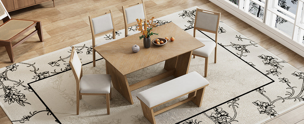 TREXM 6-Piece Retro Dining Table Set for 6, 60' Wood Kitchen Table and Chairs Set of 4 with Bench Designed Trestle Base for kitchen & Dining Room (Natural Wood Wash) - Grand Goldman Shop