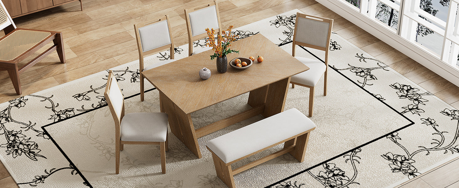 TREXM 6-Piece Retro Dining Table Set for 6, 60' Wood Kitchen Table and Chairs Set of 4 with Bench Designed Trestle Base for kitchen & Dining Room (Natural Wood Wash) - Grand Goldman Shop