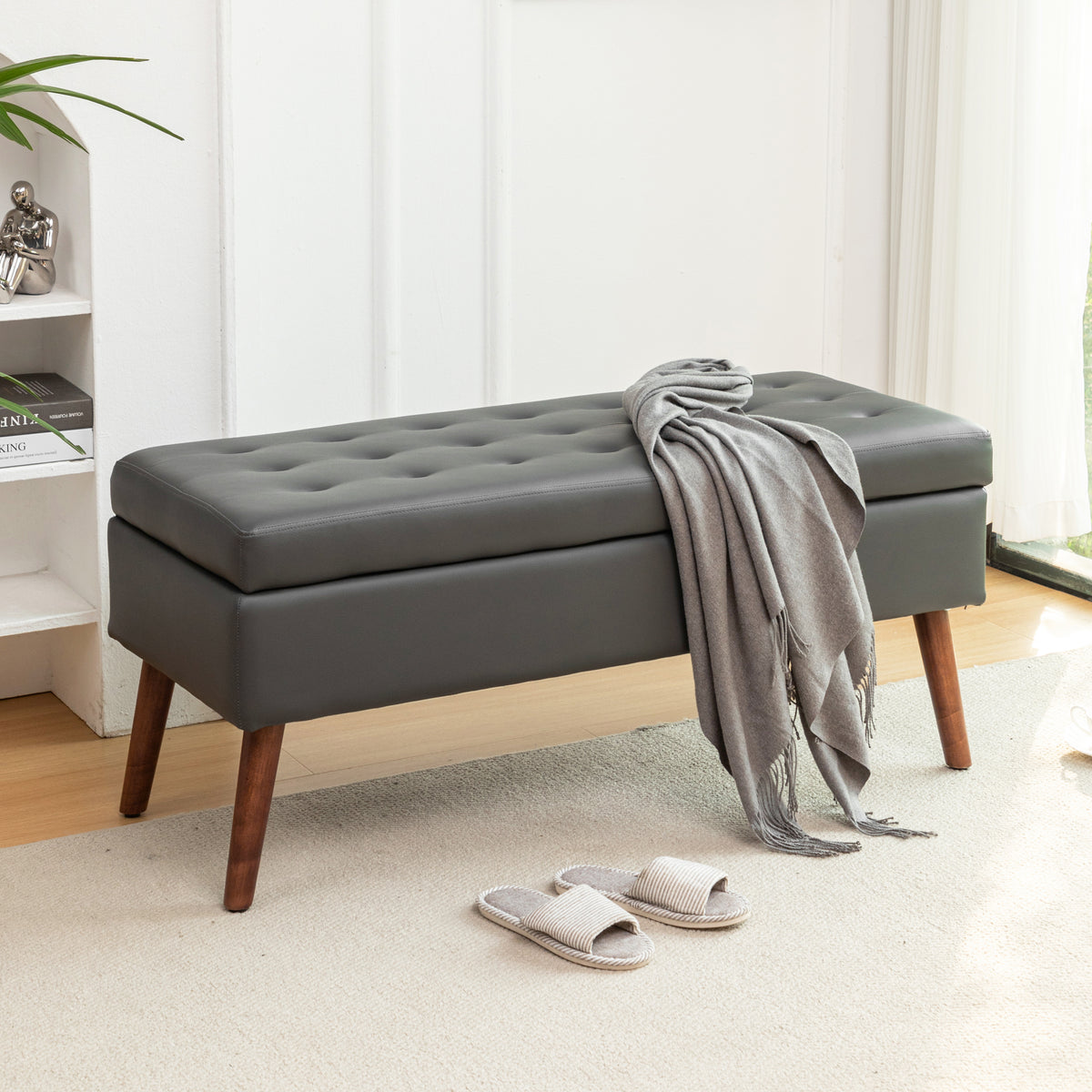 Storage Bench with Storage Bench for Bedroom End of Bed Bench Foot of Bed Bench Entryway Bench Storage Ottoman Bench 43.3' W x 17.7' Dark Grey Leather Bench - Grand Goldman Shop