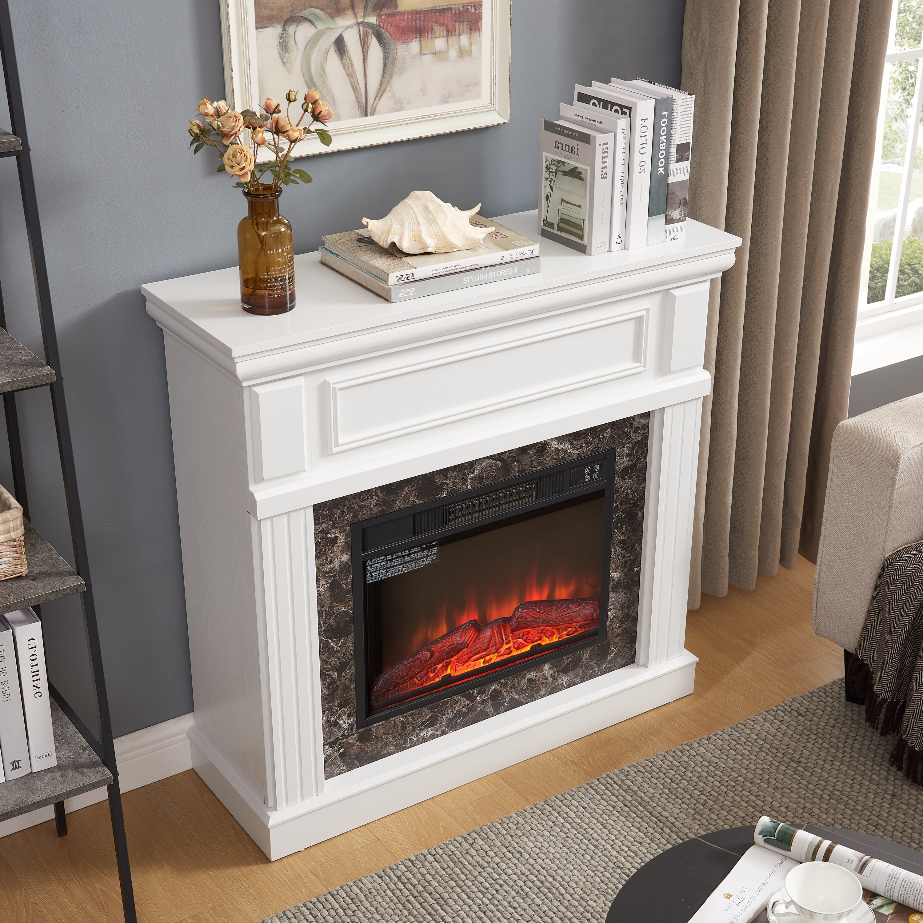 Electric Fireplace with Mantel,fireplace mantel surround with 23' Fireplace Insert, Adjustable Flame, Remote Control-White,41.34'W*14'D*40'H - Grand Goldman Shop