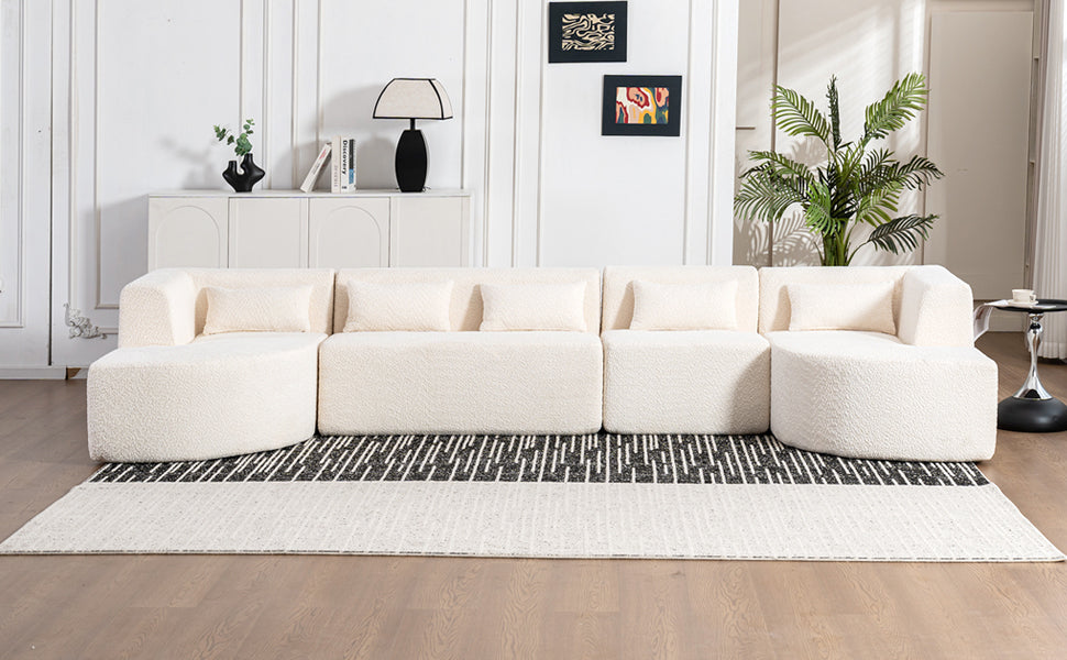 Modern Upholstered L-Shape Sofa with Chaise Lounge and Back Pillows, Beige Boucle Fabric, 144 inches - Grand Goldman Shop