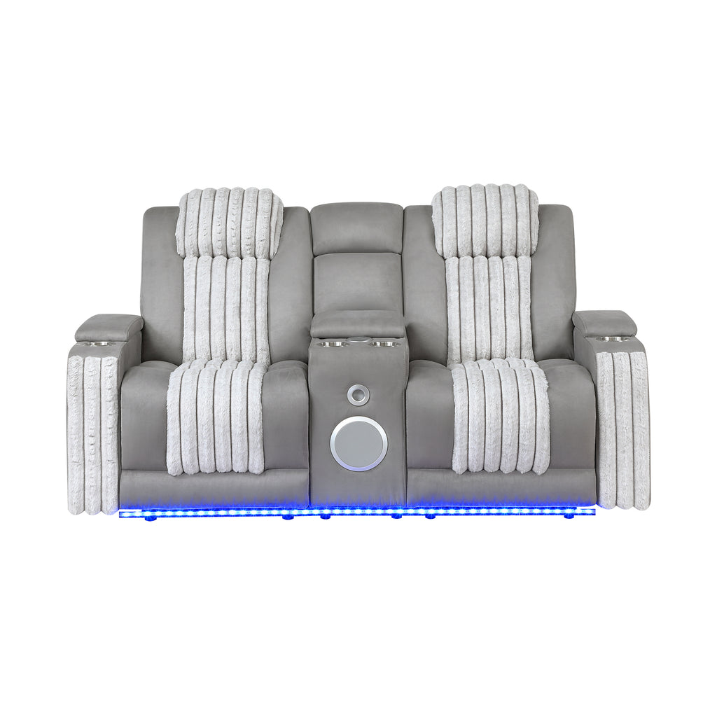 Duran Grey 2PC Power Reclining Sofa and Loveseat with Power Headrest, LED, USB, and Bluetooth Speaker - Grand Goldman Shop