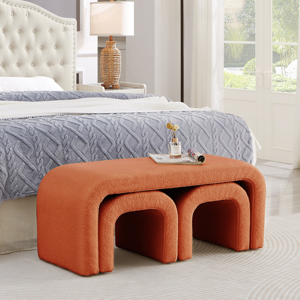 Set of 3 U-Shaped Modern Bench Teddy  Ottoman Bench for Entryway, Bedroom End of Bed, Set of 3 Small Sofa Footrest Extra Seating for Living Room, 44+18 Inch Bench Bench & Ottoman- Orange - Grand Goldman Shop