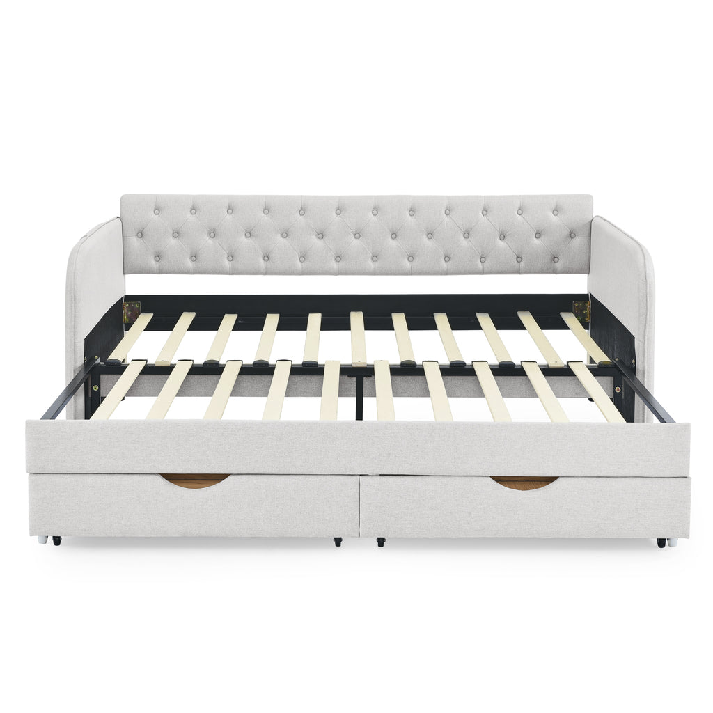 Linen Beige Twin Size Upholstered Daybed with Trundle and Storage Drawers, Flat Arms with Pocket, Extendable for Bedroom or Living Room - Grand Goldman Shop