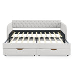 Linen Beige Twin Size Upholstered Daybed with Trundle and Storage Drawers, Flat Arms with Pocket, Extendable for Bedroom or Living Room - Grand Goldman Shop
