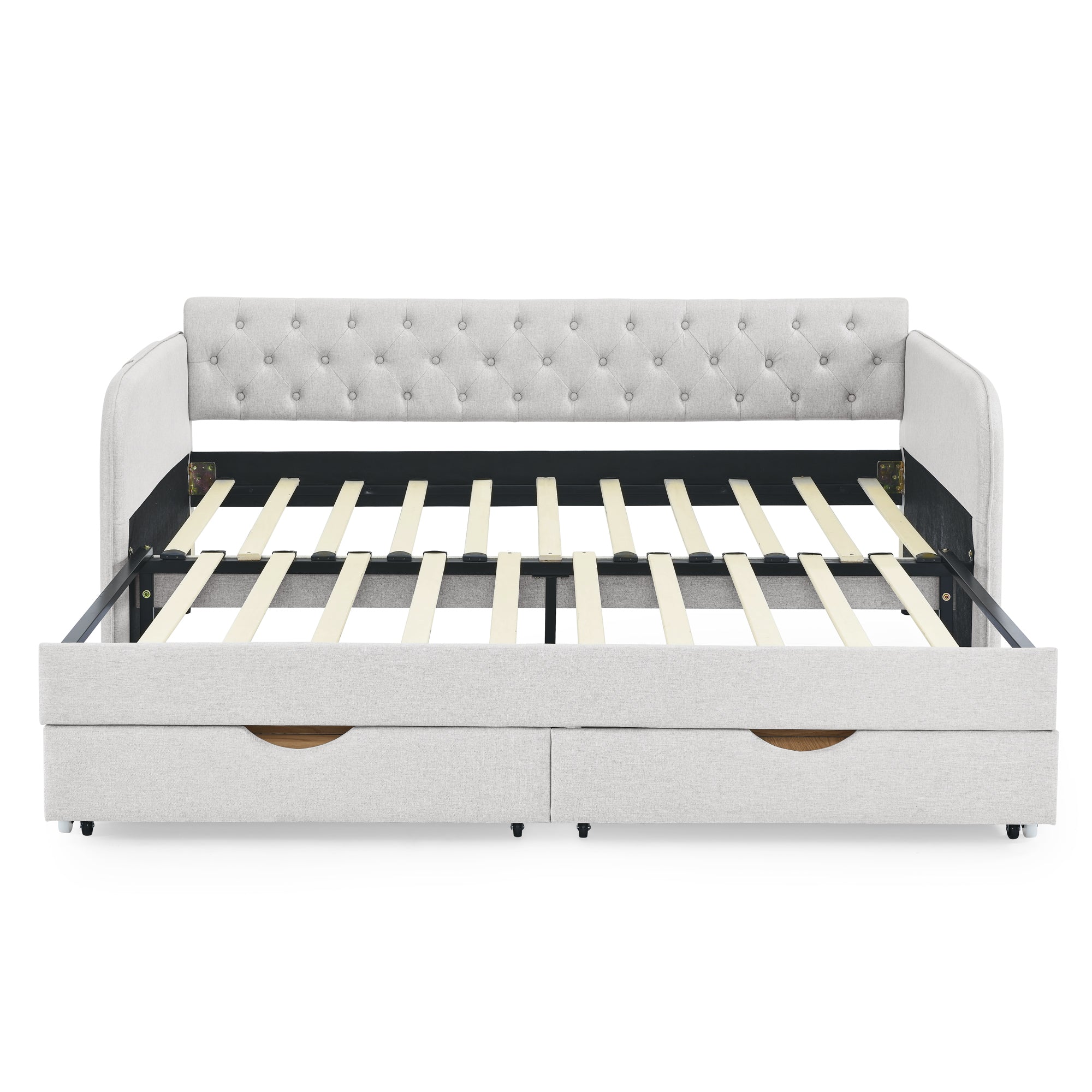 Linen Beige Twin Size Upholstered Daybed with Trundle and Storage Drawers, Flat Arms with Pocket, Extendable for Bedroom or Living Room - Grand Goldman Shop