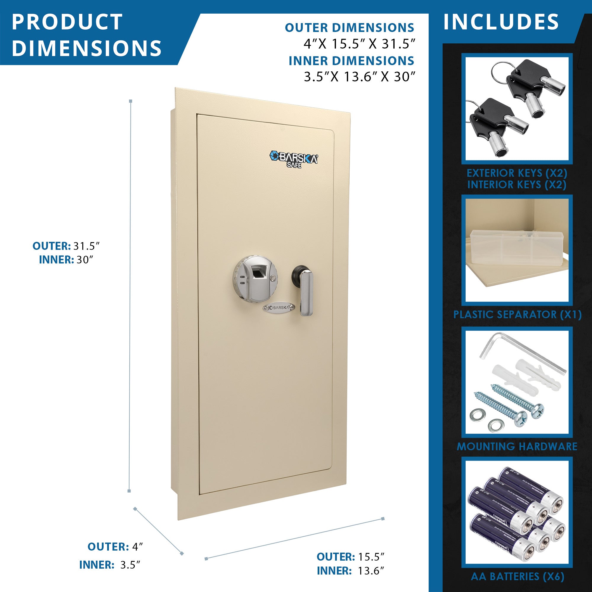Biometric Wall Safe with Left Open Door in Beige Steel, 0.82 Cubic Ft | Premium Home Decor - Grand Goldman