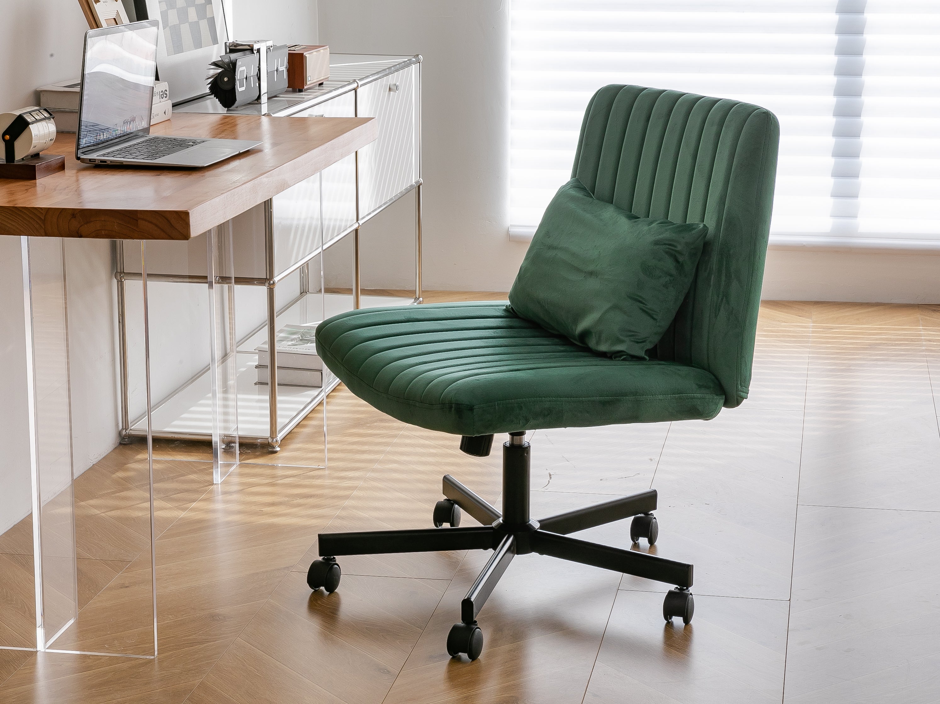 Green Velvet Criss Cross Armless Office Chair with Wheels - Comfortable & Stylish for Home Office, Meditation, and Makeup Use