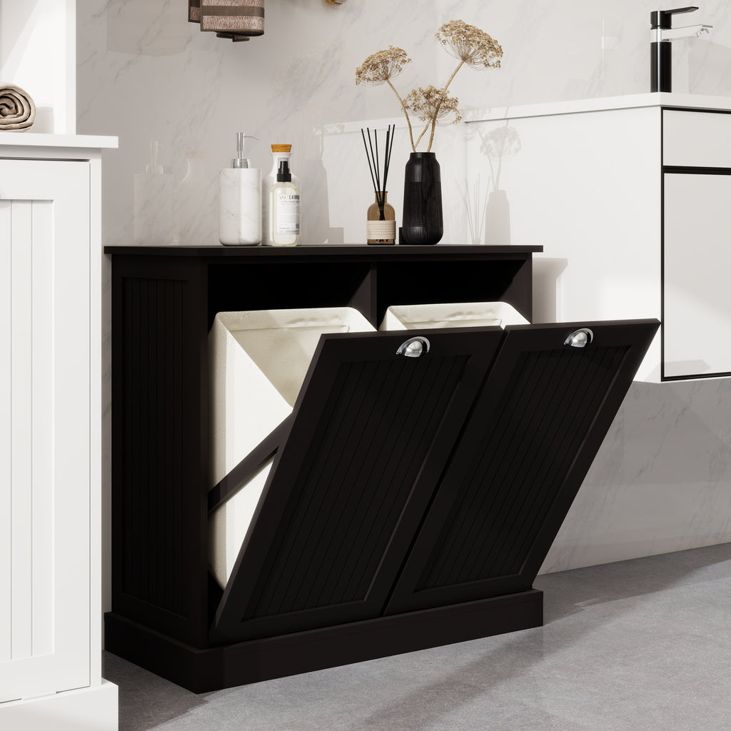 Two-Compartment Tilt-Out Laundry Sorter Cabinet-Black - Grand Goldman Shop
