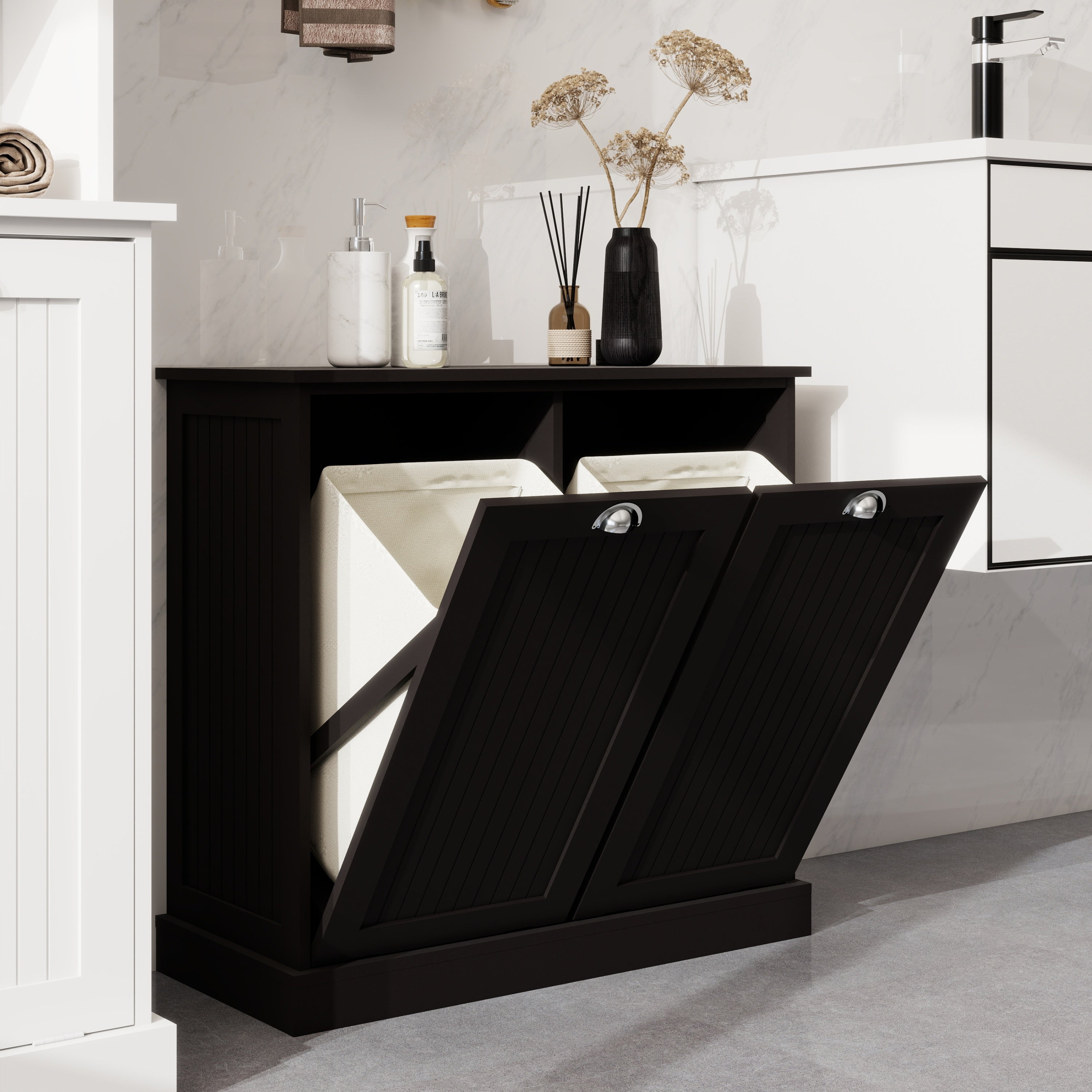 Two-Compartment Tilt-Out Laundry Sorter Cabinet-Black - Grand Goldman Shop