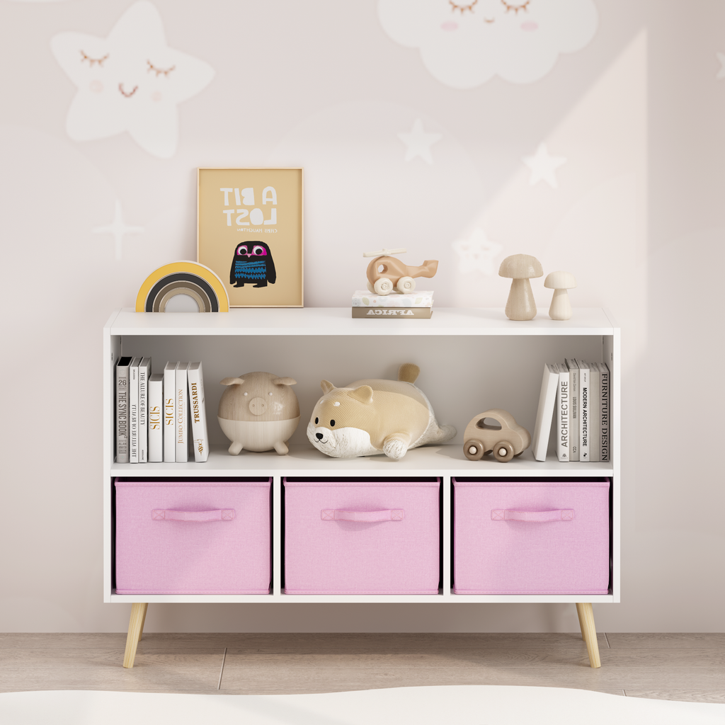 Modern Kids Bookcase with Collapsible Fabric Drawers, Children's Book Display & Toy Storage, White/Pink MDF & Pine Legs | Pre
