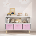 Modern Kids Bookcase with Collapsible Fabric Drawers, Children's Book Display & Toy Storage, White/Pink MDF & Pine Legs | Pre