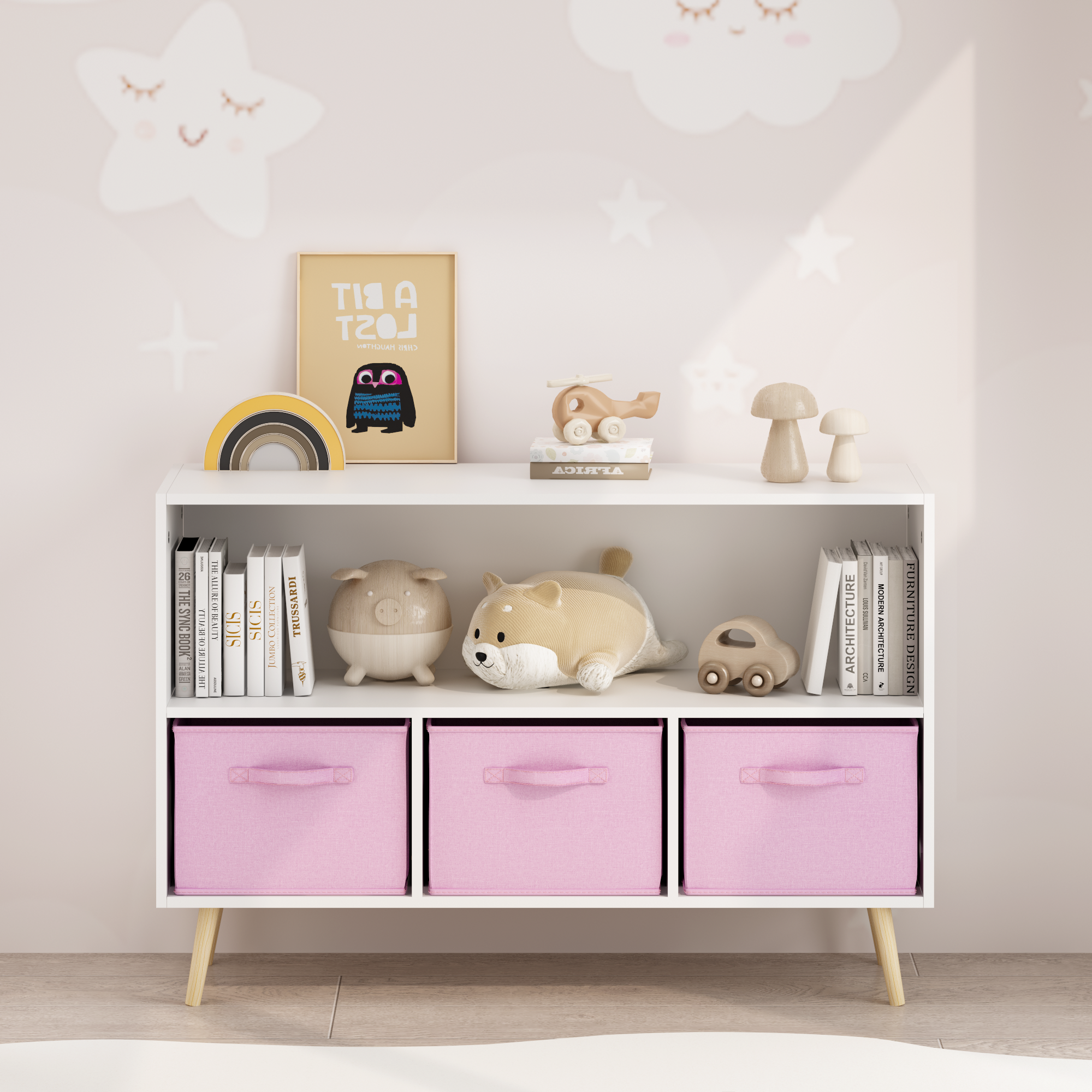 Modern Kids Bookcase with Collapsible Fabric Drawers, Children's Book Display & Toy Storage, White/Pink MDF & Pine Legs | Pre