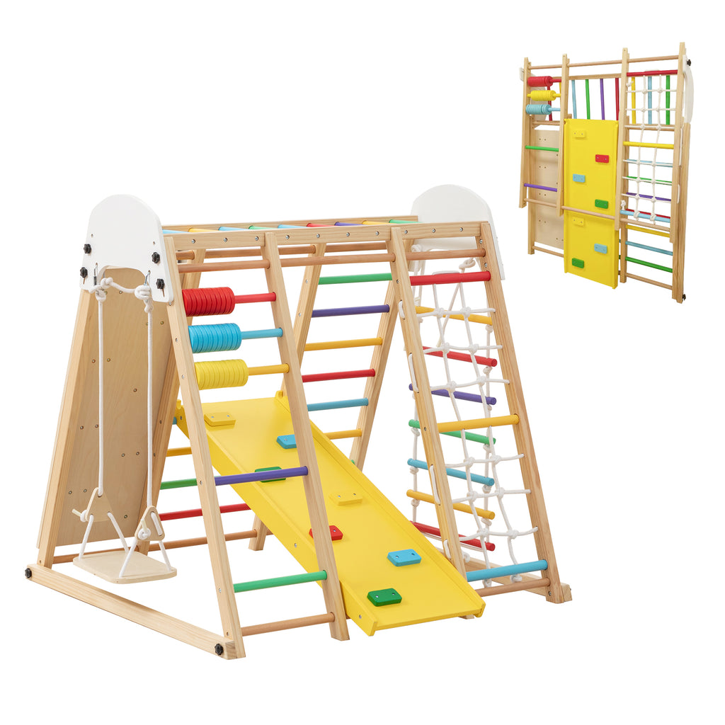 9-in-1 Foldable Kids Climbing Frame & Slide, Wooden Toddler Playground with Swing, Monkey Bars, Climbing Rock, Abacus Game – 
