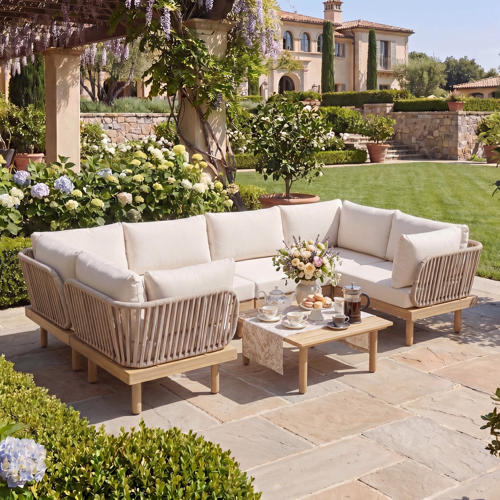 7-Piece Acacia Wood Outdoor Sectional Sofa Set with Rope Back & Weather-Resistant Cushions