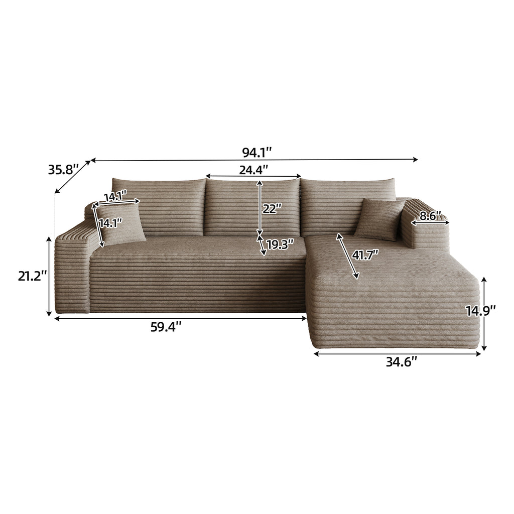 95' Cloud Sectional Sofa,Modern Minimalist Upholstered Couches, Comfort U Shaped Sofa for Living Room,Deep Seat Corner Couch,No Assembly Required,Camel( (Plush Corduroy Fabric) - Grand Goldman Shop