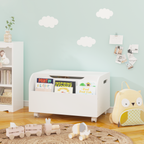 White Wooden Toy Box with 4 Universal Wheels, Kids Playroom Storage Organizer with Front Bookshelf, Flip-Top Lid, Safety Hing