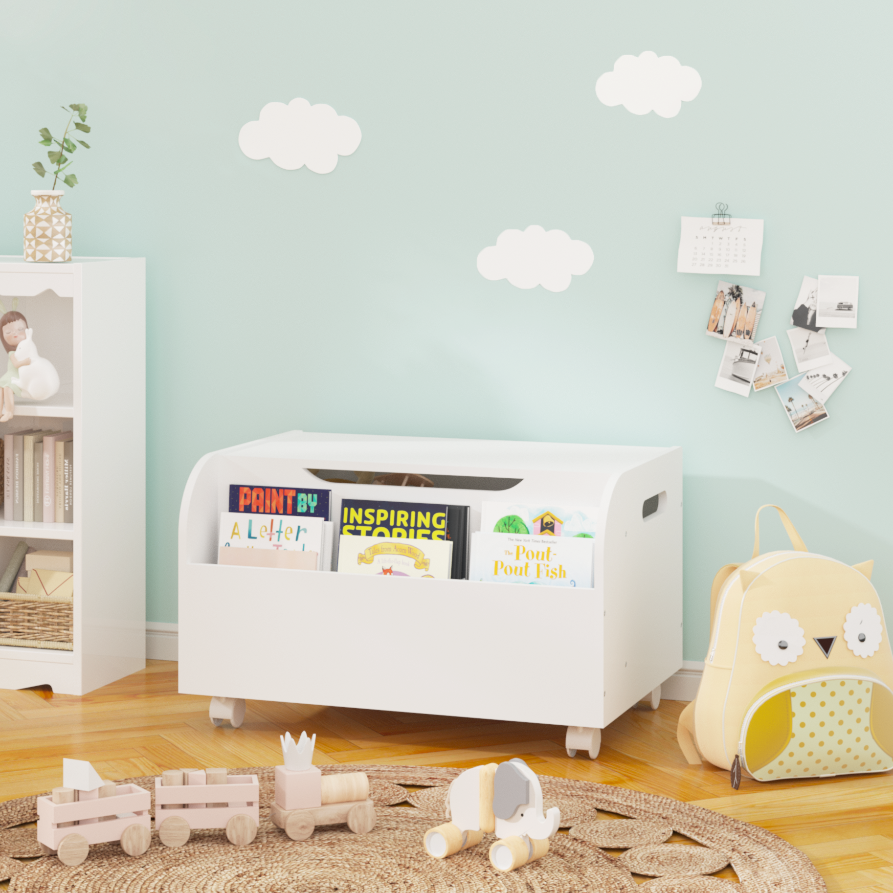 White Wooden Toy Box with 4 Universal Wheels, Kids Playroom Storage Organizer with Front Bookshelf, Flip-Top Lid, Safety Hing