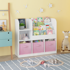Kids Bookcase and Bookshelf with 3 Collapsible Fabric Drawers, Multifunctional White/Pink Display Stand for Bedroom, Playroom