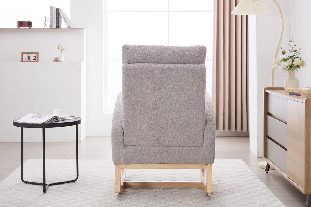 015B-Teddy Fabric Leisure Rocking Chair,Nursery Rocking Chair With Adjustable Footstool,Thickened Headrest And High Backrest, Storage Pocket On The Right Side,The Base Rocker Is Solid Wood,Light Gray - Grand Goldman Shop