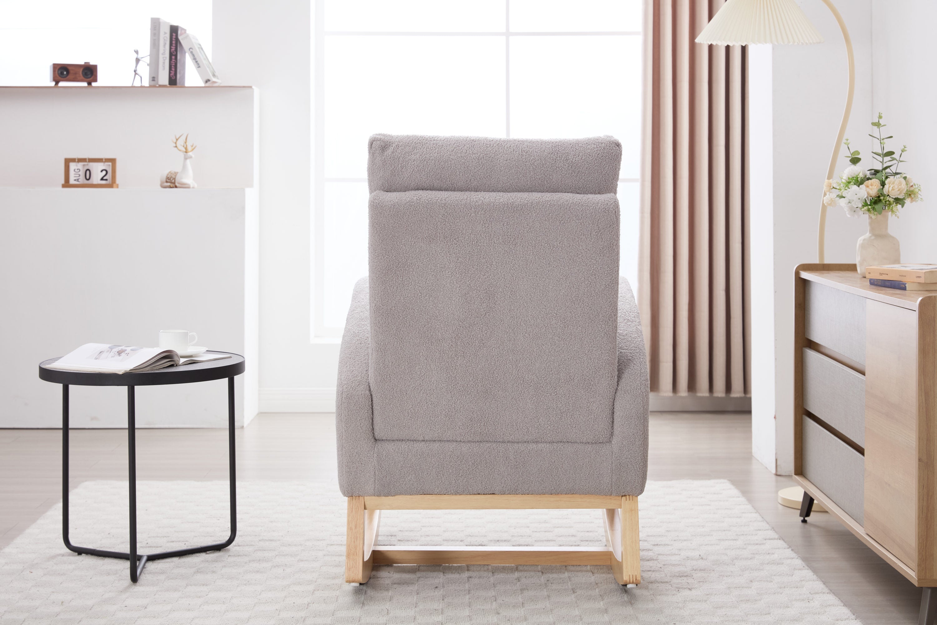 015B-Teddy Fabric Leisure Rocking Chair,Nursery Rocking Chair With Adjustable Footstool,Thickened Headrest And High Backrest, Storage Pocket On The Right Side,The Base Rocker Is Solid Wood,Light Gray - Grand Goldman Shop