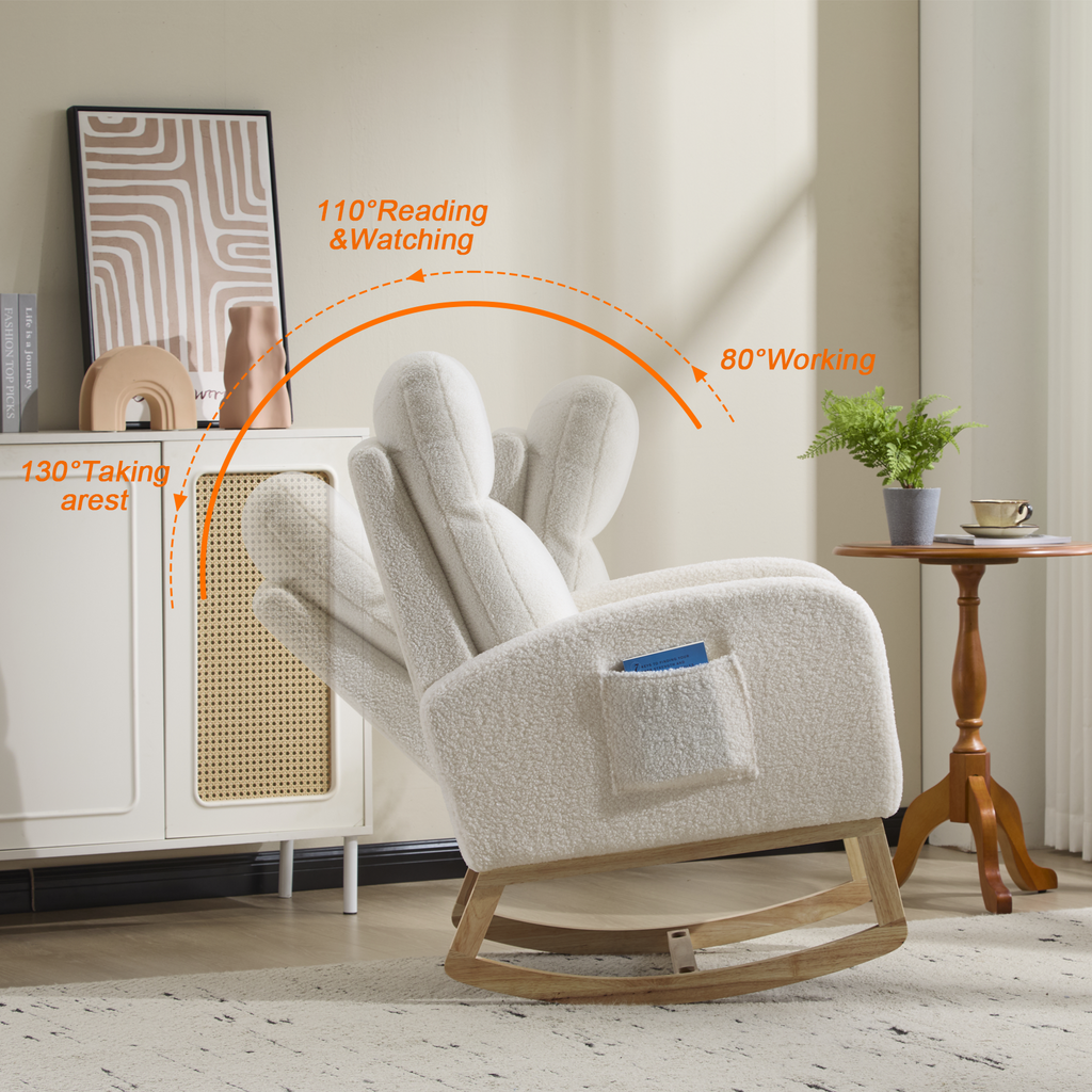 Modern Accent Rocking Chair Rocking Chair with Solid Wood Legs, Upholstered Nursery Glider Rocker, Comfy Armchair with Side Pocket, Living Room Lounge Arm Chair with High Backrest (white,teddy) - Grand Goldman Shop
