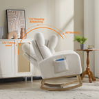 Modern Accent Rocking Chair Rocking Chair with Solid Wood Legs, Upholstered Nursery Glider Rocker, Comfy Armchair with Side Pocket, Living Room Lounge Arm Chair with High Backrest (white,teddy) - Grand Goldman Shop