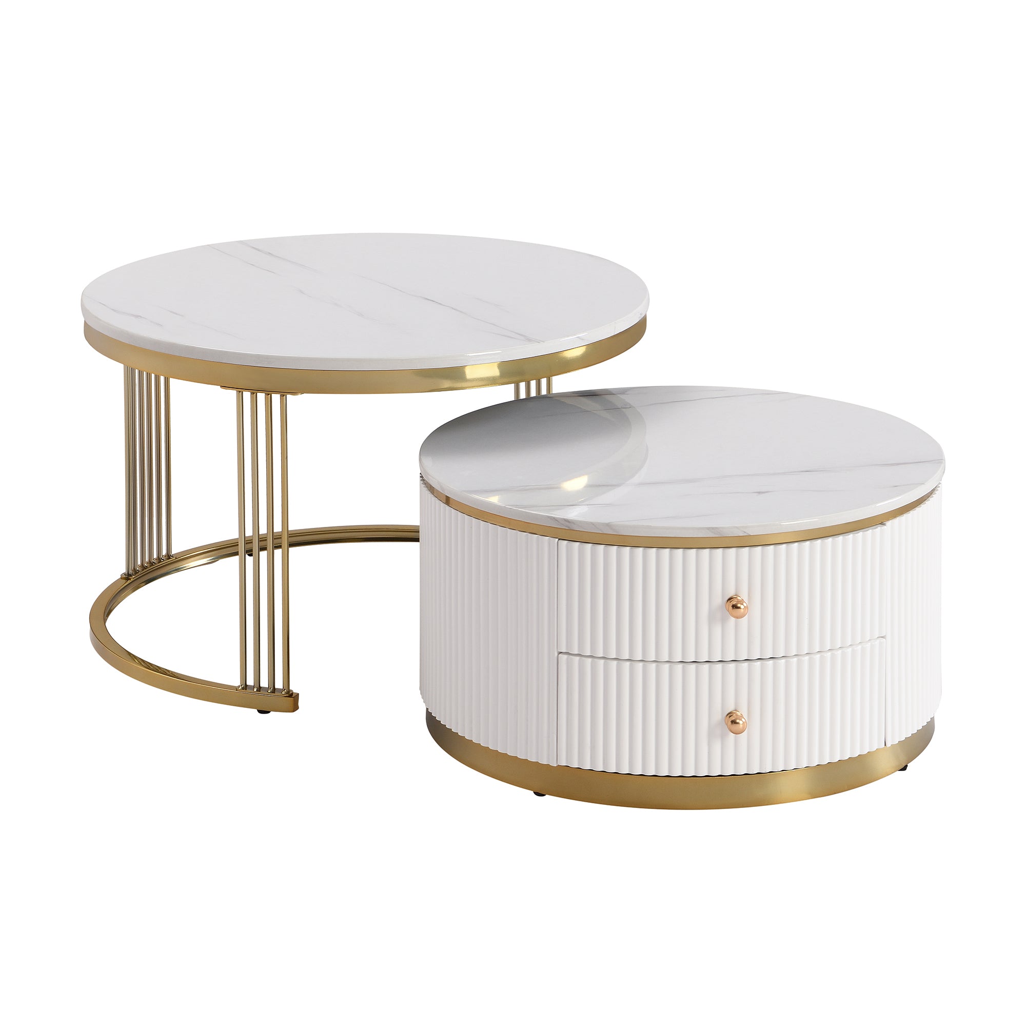 Modern 2 Pieces White Round Nesting  Coffee Table with Drawers in 27.6'' - Grand Goldman Shop
