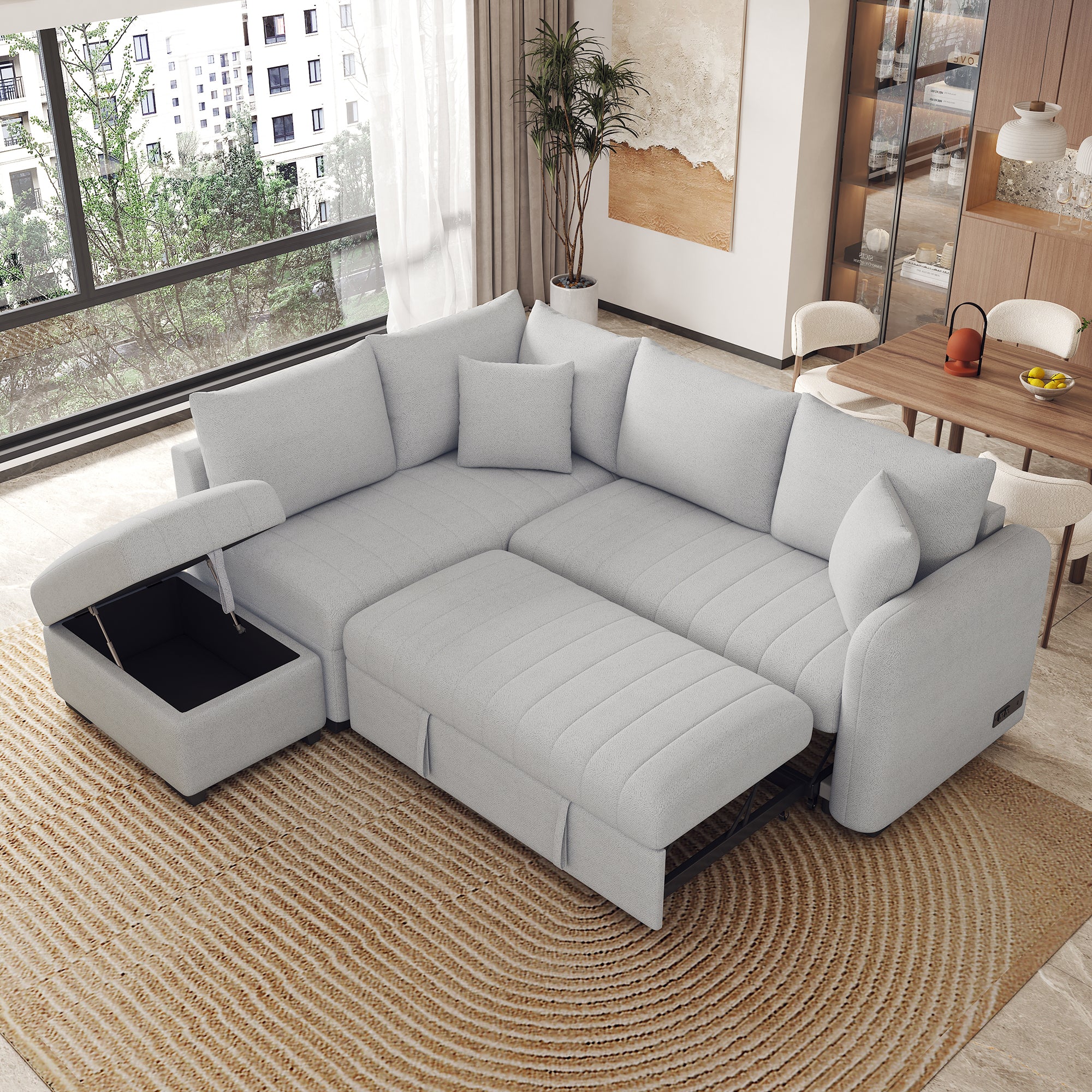 Modern L-shaped Sectional Pull Out Sofa Bed with USB Ports & Storage Ottoman, Gray Jacquard Fabric, 82.6' - Grand Goldman Shop