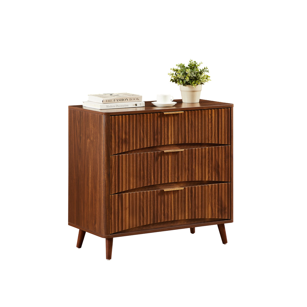 Fluted 3 Drawer Dresser Set of 2, Mid-Century Modern Tall Chest of Drawers with Vertical Grooved Design, Solid Wood Storage Cabinet with Metal Handles for Bedroom Living Room, Walnut - Grand Goldman Shop