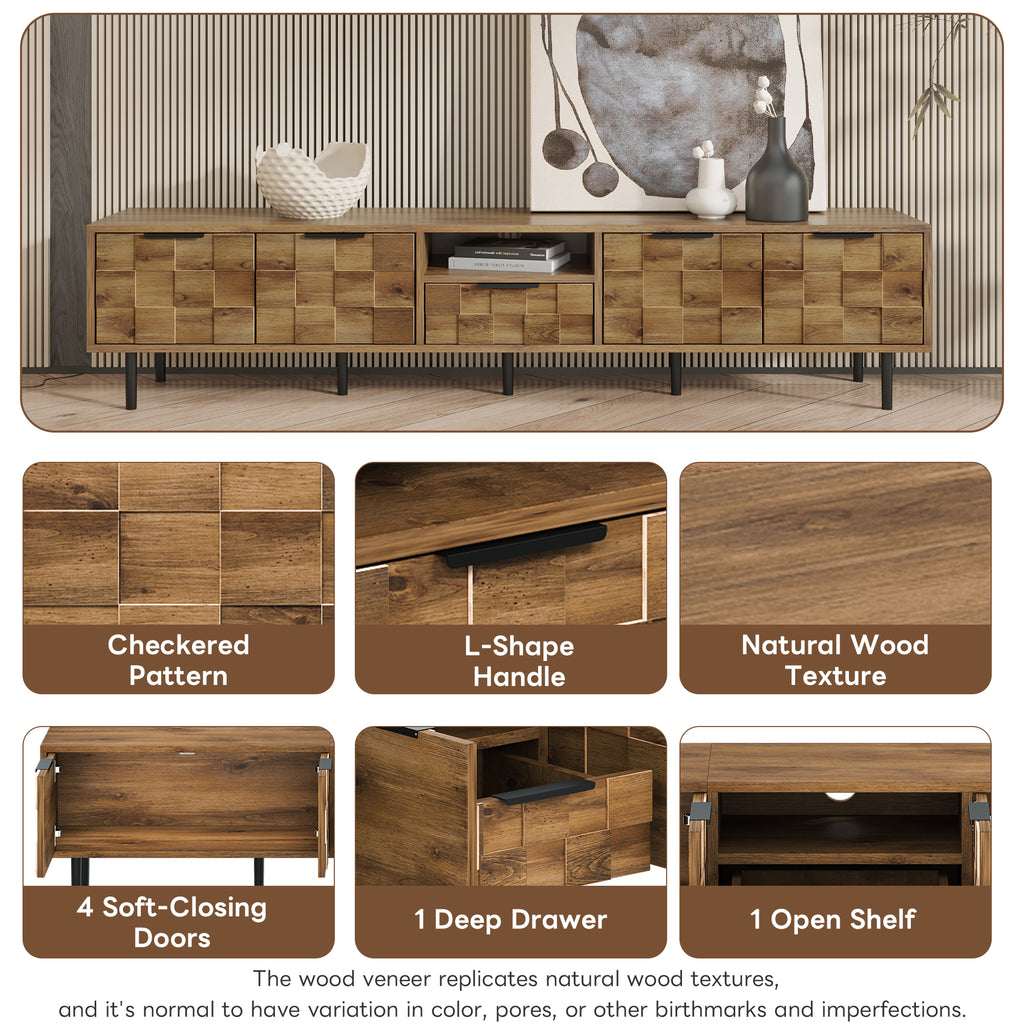Natural Wood TV Stand for 85 75 65 Inch TV, L-Shaped Handle Entertainment Console with Storage, 78' Long - Grand Goldman Shop