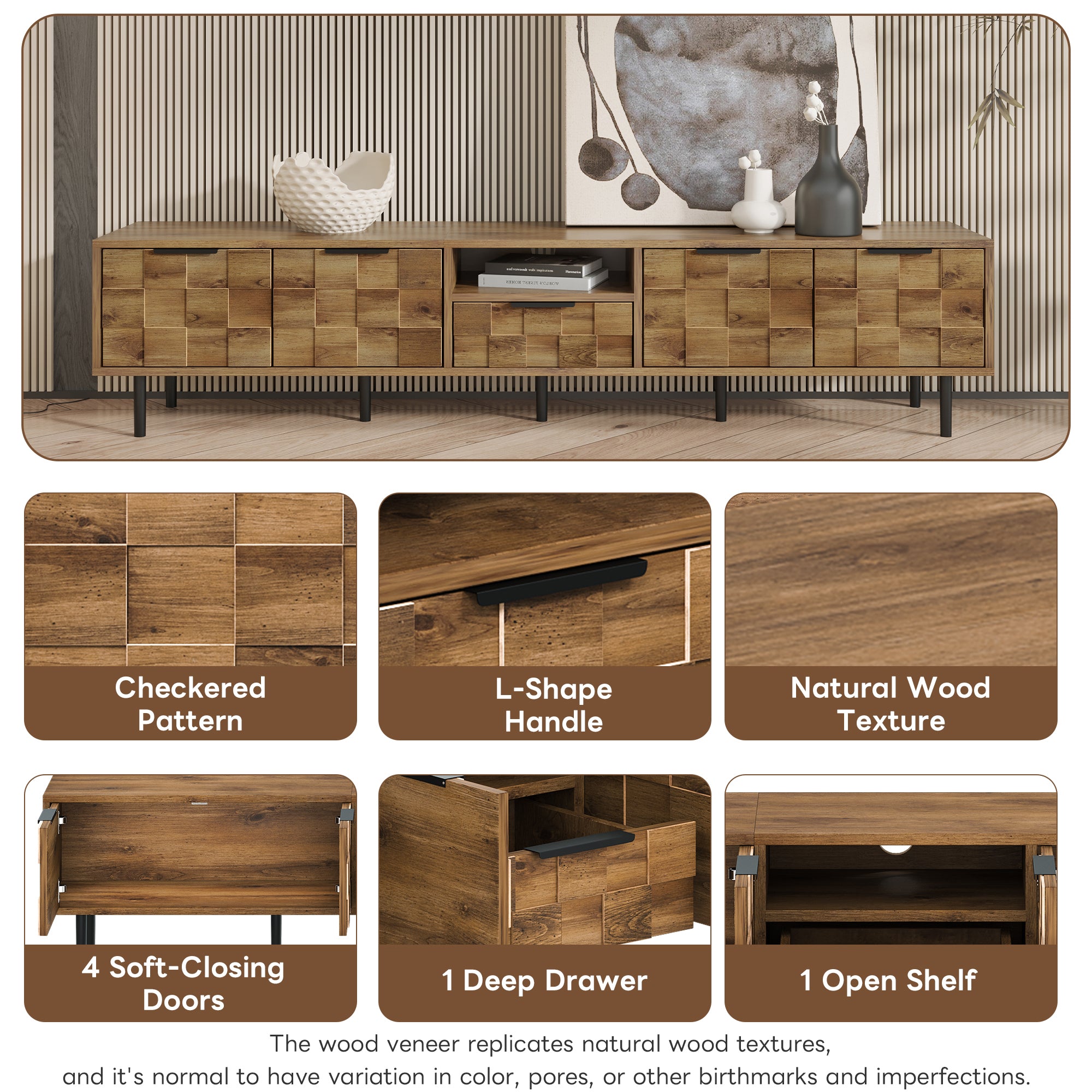 Natural Wood TV Stand for 85 75 65 Inch TV, L-Shaped Handle Entertainment Console with Storage, 78' Long - Grand Goldman Shop