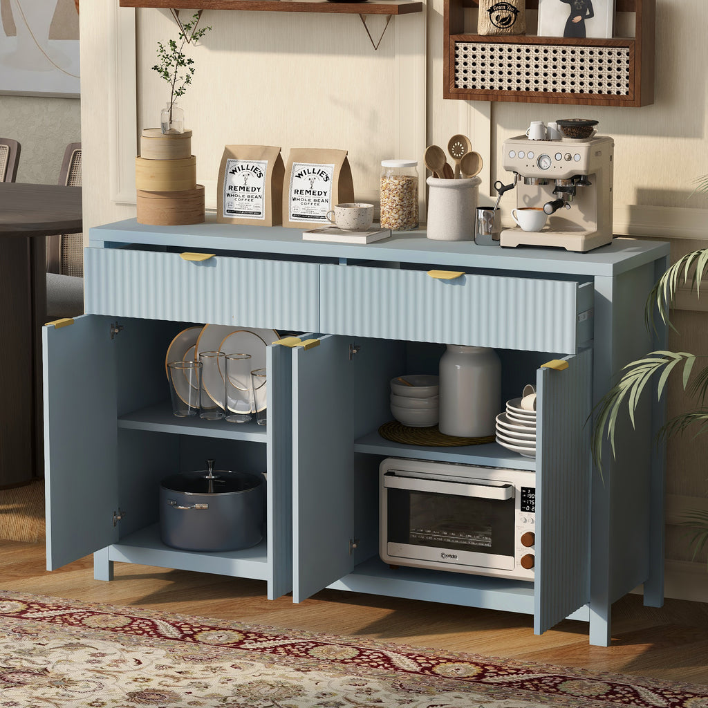 U_STYLE Modern 55.1'' Sideboard Buffet Cabinet with 2 Drawers & 4 Doors, Adjustable Shelves, Wave-Pattern Design, Aluminum Handles, Painted MDF, Scandinavian Storage for Dining Room, Living Room - Grand Goldman Shop