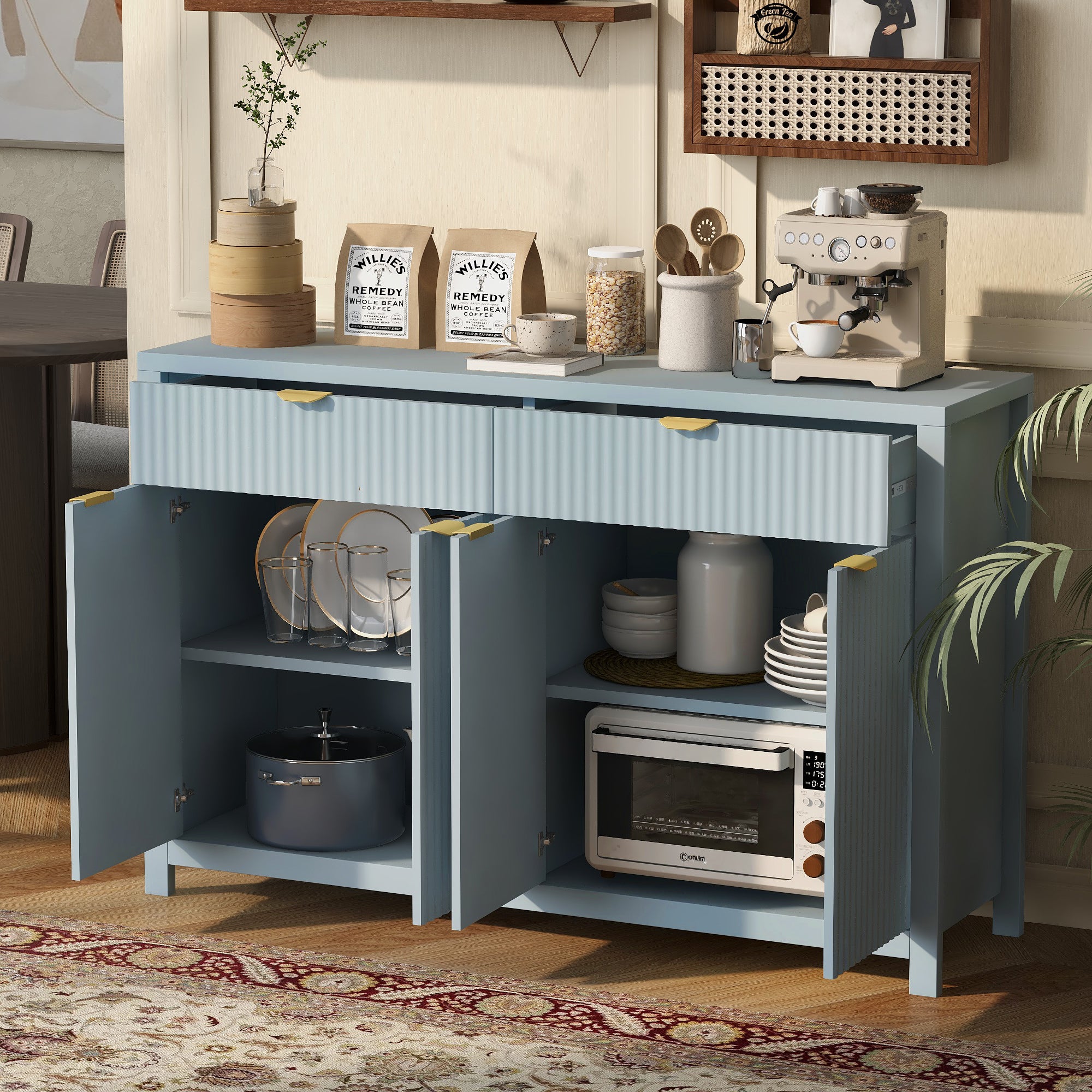 U_STYLE Modern 55.1'' Sideboard Buffet Cabinet with 2 Drawers & 4 Doors, Adjustable Shelves, Wave-Pattern Design, Aluminum Handles, Painted MDF, Scandinavian Storage for Dining Room, Living Room - Grand Goldman Shop