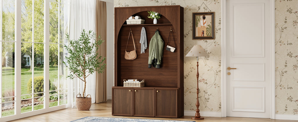 ON-TREND Farmhouse All-in-One Hall Tree with Adjustable Shelves, Retro Arched Entryway Storage Bench with 3 Cabinets, Wooden Coat Rack Organizer with 4 Golden Hooks for Mudroom, Hallway, Walnut - Grand Goldman Shop
