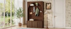 ON-TREND Farmhouse All-in-One Hall Tree with Adjustable Shelves, Retro Arched Entryway Storage Bench with 3 Cabinets, Wooden Coat Rack Organizer with 4 Golden Hooks for Mudroom, Hallway, Walnut - Grand Goldman Shop