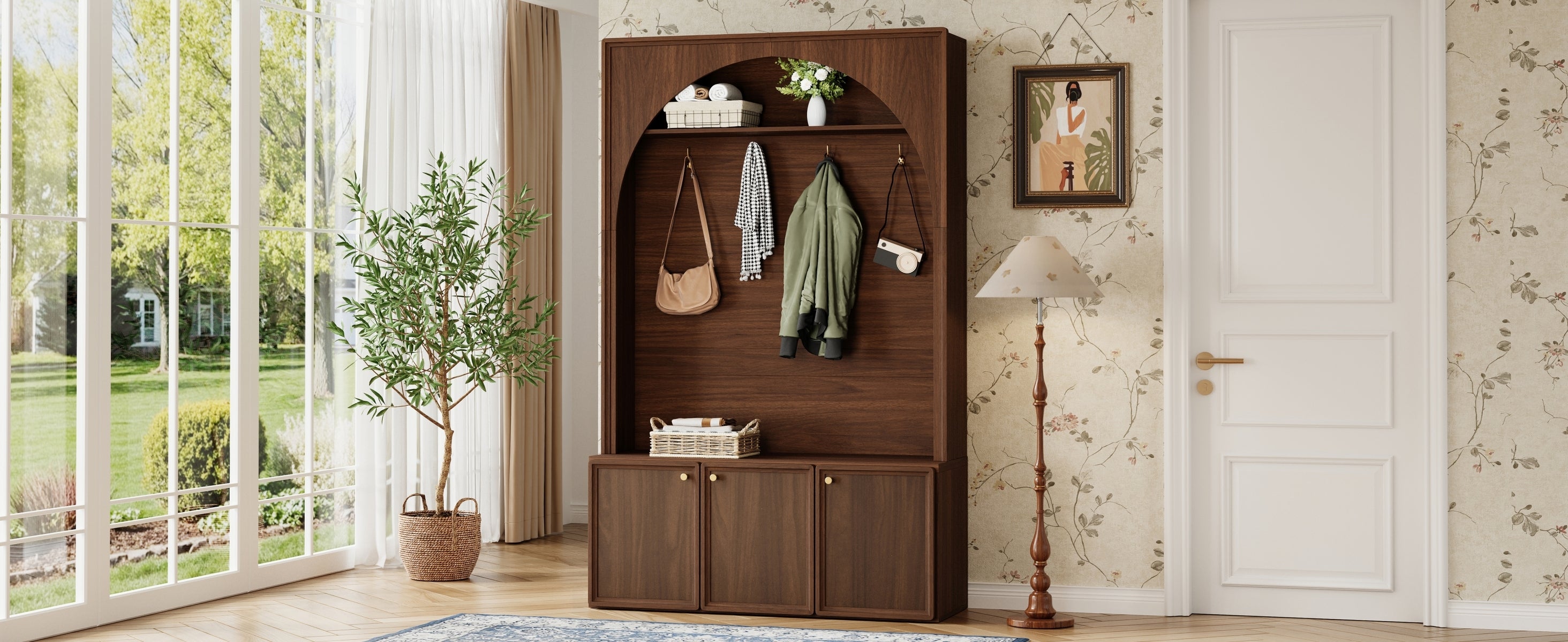 ON-TREND Farmhouse All-in-One Hall Tree with Adjustable Shelves, Retro Arched Entryway Storage Bench with 3 Cabinets, Wooden Coat Rack Organizer with 4 Golden Hooks for Mudroom, Hallway, Walnut - Grand Goldman Shop
