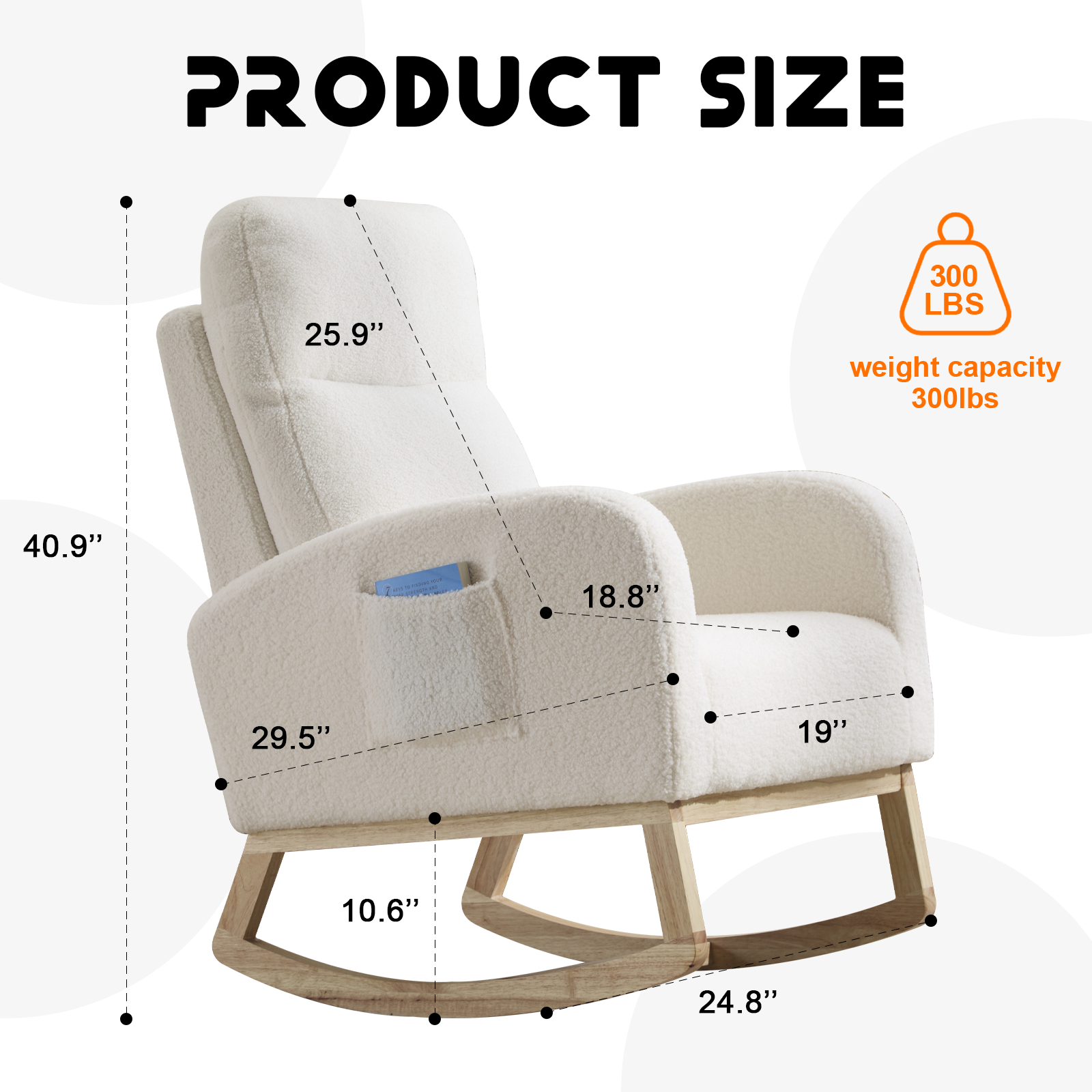 Modern Accent Rocking Chair Rocking Chair with Solid Wood Legs, Upholstered Nursery Glider Rocker, Comfy Armchair with Side Pocket, Living Room Lounge Arm Chair with High Backrest (white,teddy) - Grand Goldman Shop