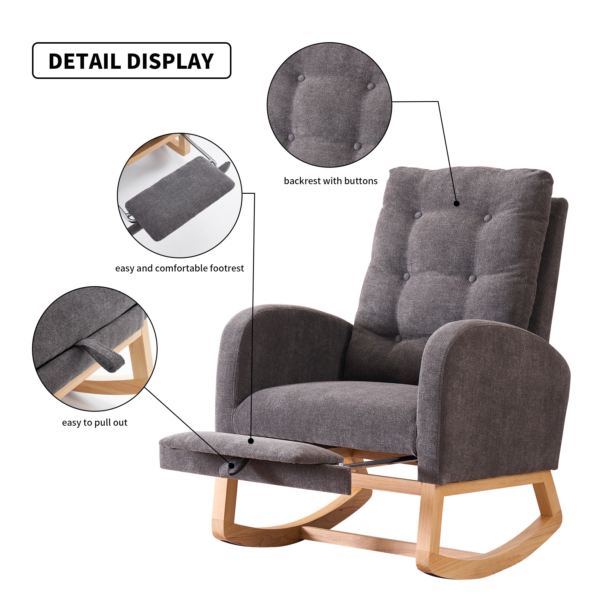 LY-5104 Gray Accent Rocking Chair with Footrest High Back Rubber Wood Rocking Legs - Grand Goldman Shop