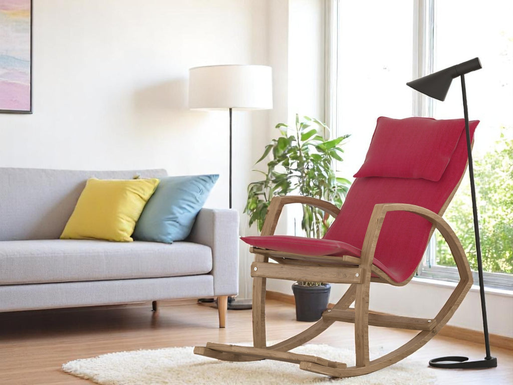 Modern Rocking Chair, Modern Accent Rocker Armchair With Wooden Frame, Upholstered High Back Wooden Rocking Chair for Contemporary Living Spaces, Red - Grand Goldman Shop